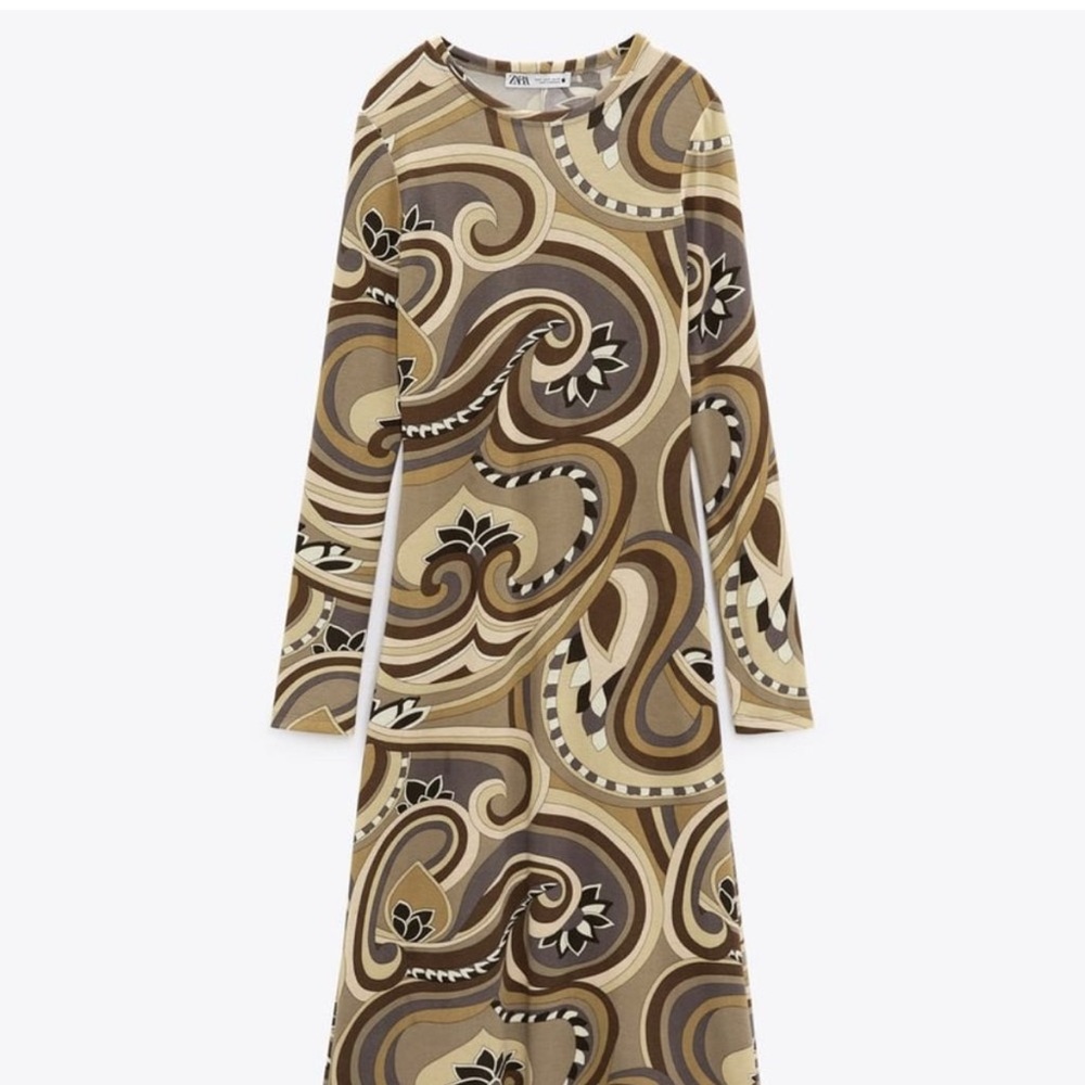 Zara Elegant Brown Patterned Long Sleeve Dress Medium - Picture 3 of 8
